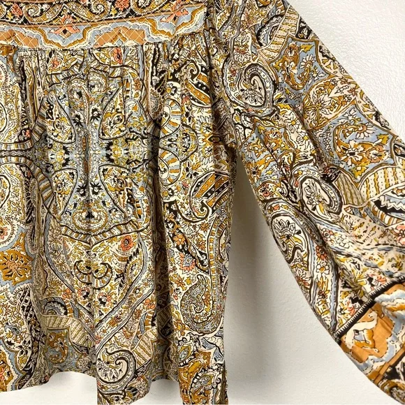 Cleobella Medium Teagan Paisley Kaleidoscope Puff-Sleeve Tan Quilted Blouse Top - Picture 4 of 7